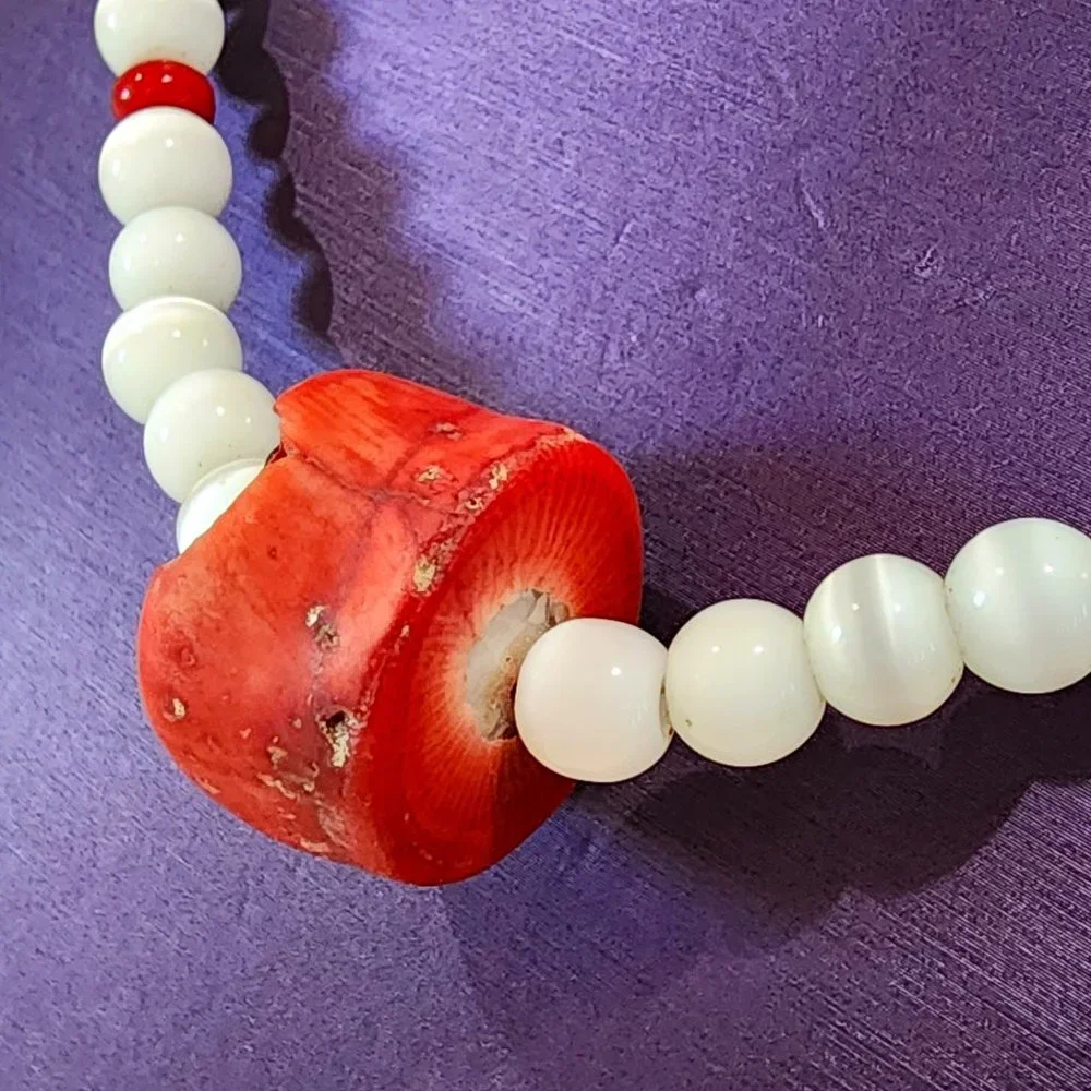 MCM White Abalone Mother of Pearl and Red Natural Stone Beaded Necklace